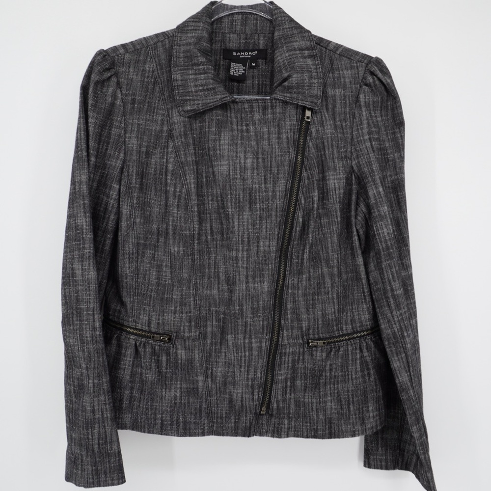 Sandro Sportwear Moto Jacket Womens Black Grey Cotton Blend Denim Zip up Medium
